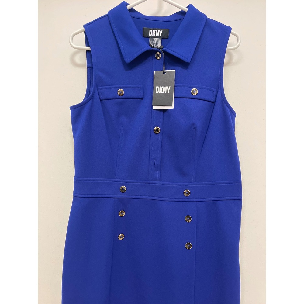DKNY Womens Royal Blue Sleeveless Button Front Scuba Sheath Dress Size 10 NEW